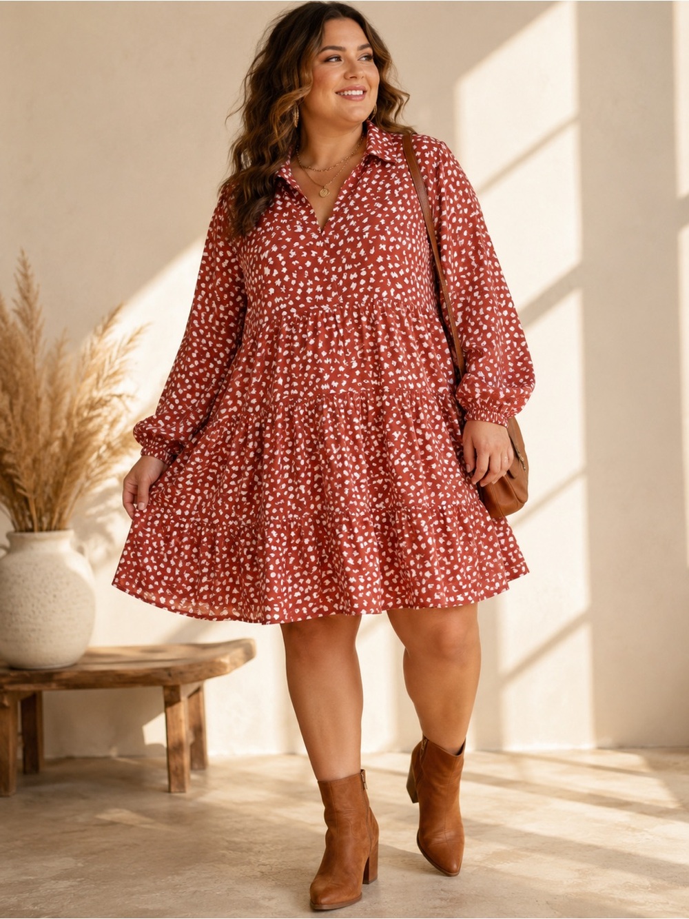 Umgee 2XL Rust Terracotta Boho Tiered Babydoll Dress Long Sleeve